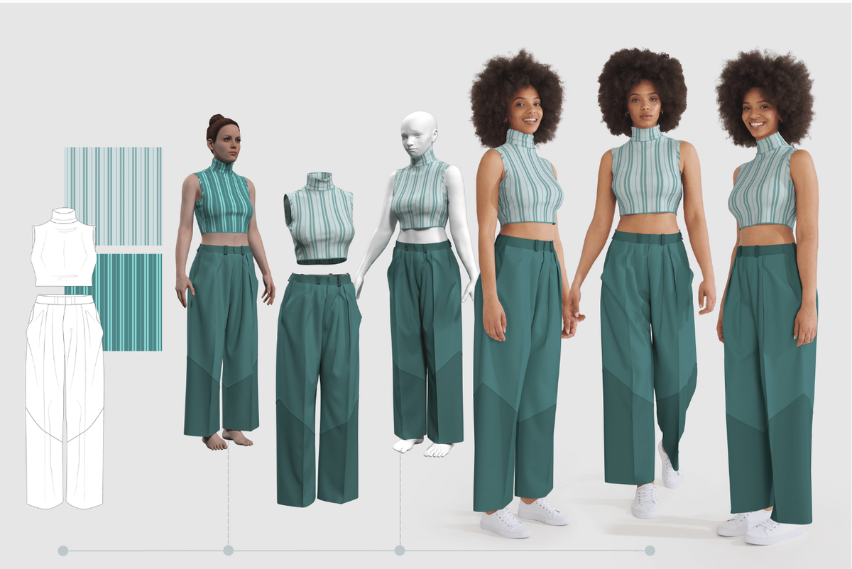 3D renders of an outfit, while a young women wears the outfit on the right.