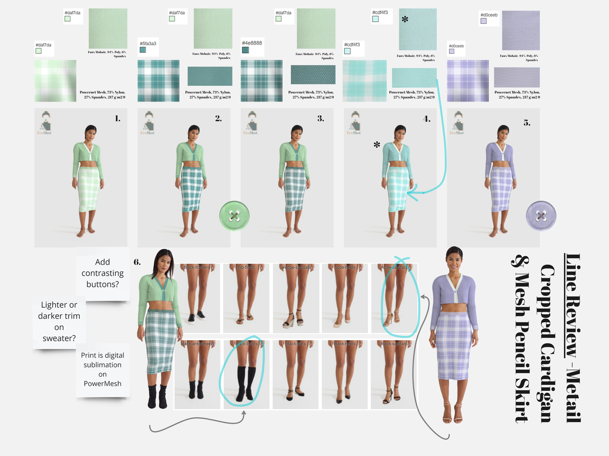 Canvas displaying textiles, colors, and variations of a mesh pencil skirt.